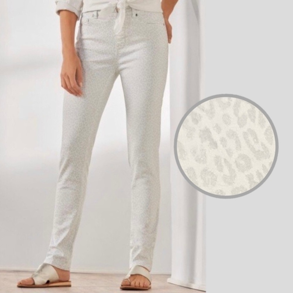 Soft Surroundings XL On The Prowl White Slim Jeans Gray Animal Leopard Print